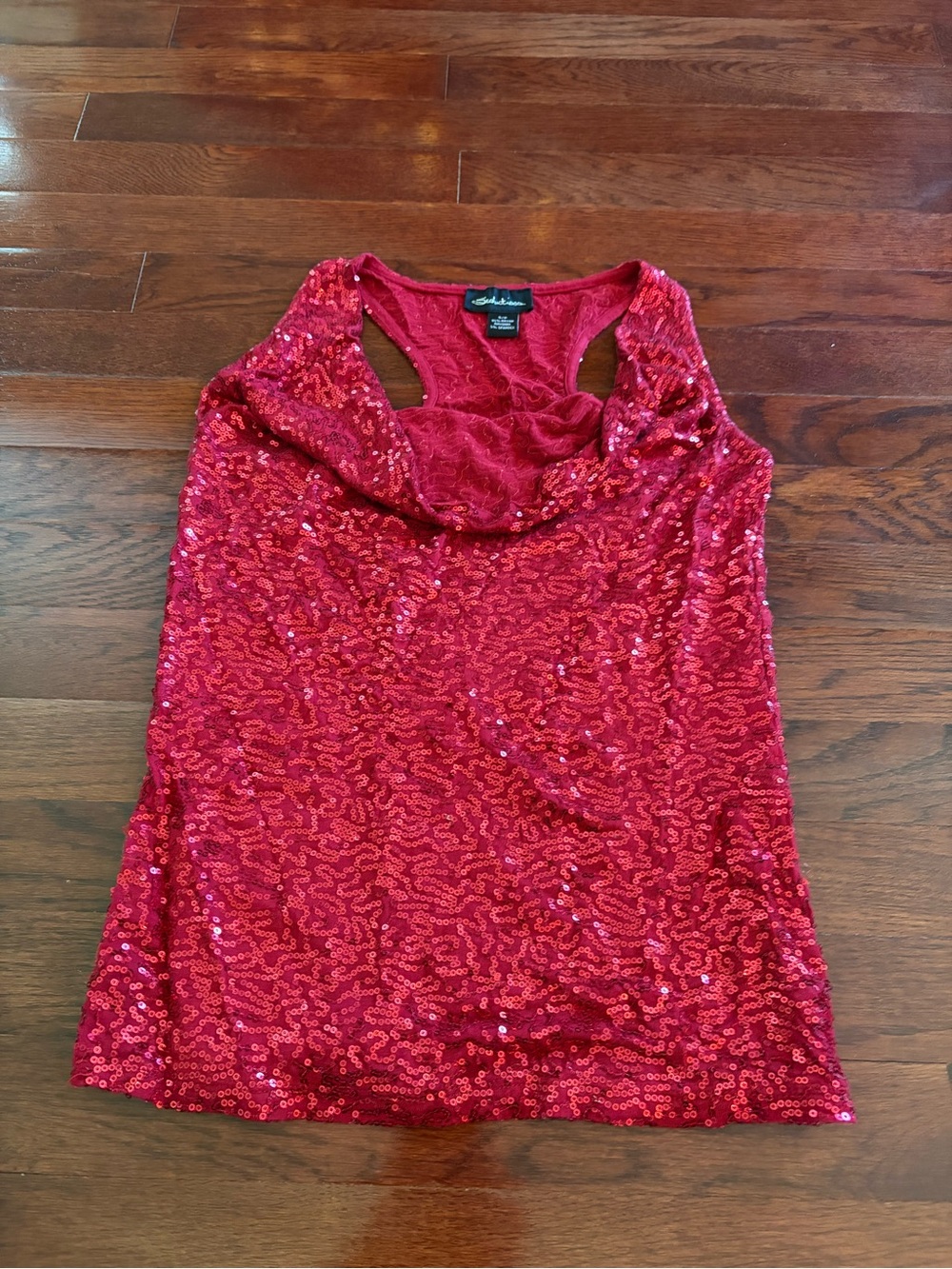 Women’s Red Sequin Sleeveless Top with draped neckline (size Small)